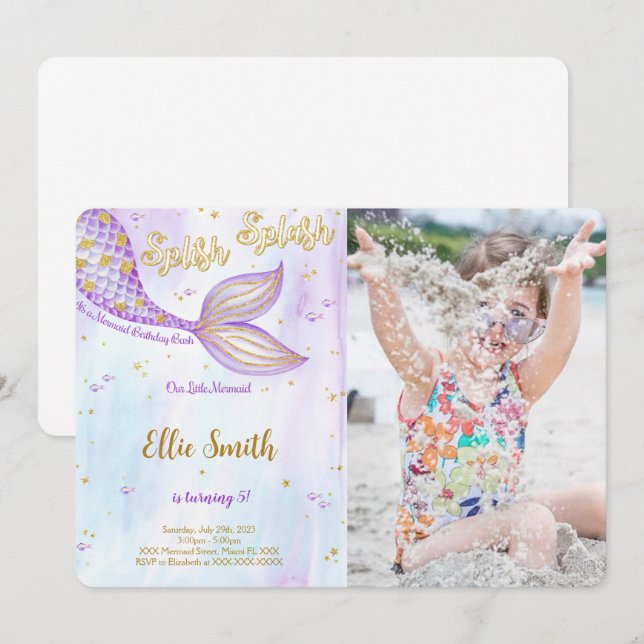 Mermaid Birthday Foto Einladung (Vorne/Hinten)