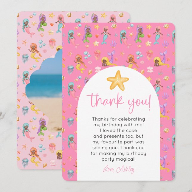 Mermaid Birthday Foto Vielen Dank Einladung (Vorne/Hinten)
