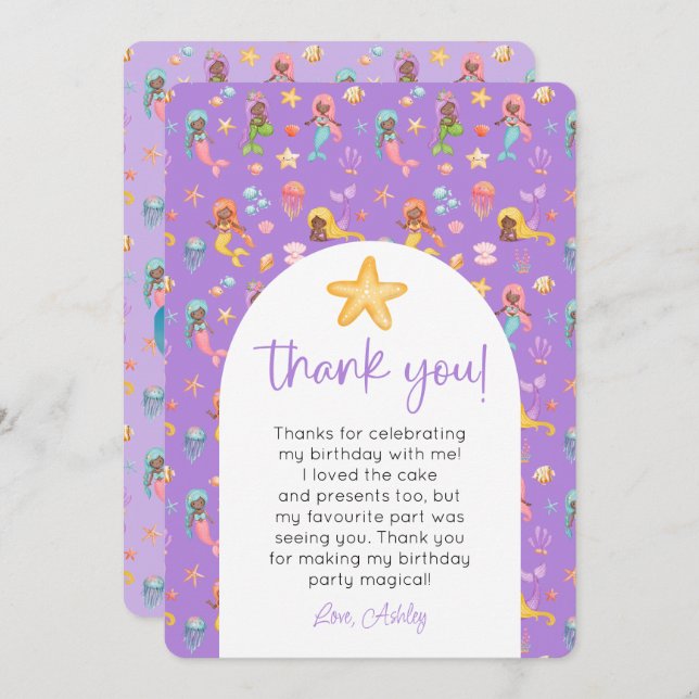 Mermaid Birthday Foto Vielen Dank Einladung (Vorne/Hinten)