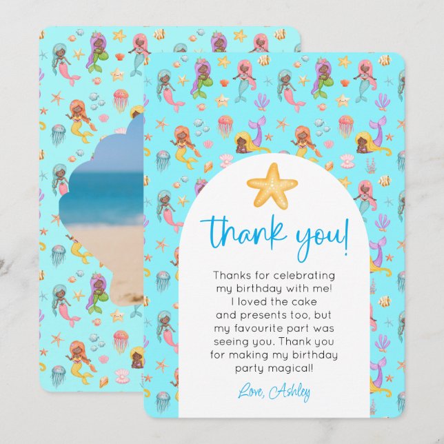 Mermaid Birthday Foto Vielen Dank Einladung (Vorne/Hinten)
