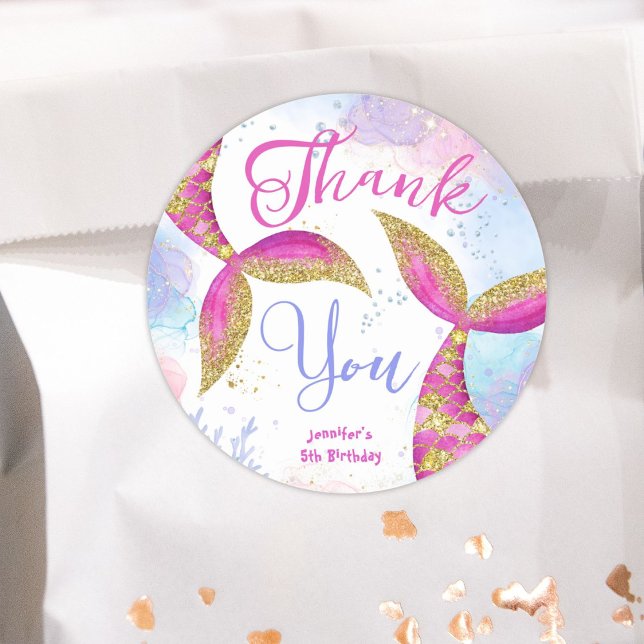 Mermaid Birthday Girls Pink Gold Runder Aufkleber (Von Creator hochgeladen)