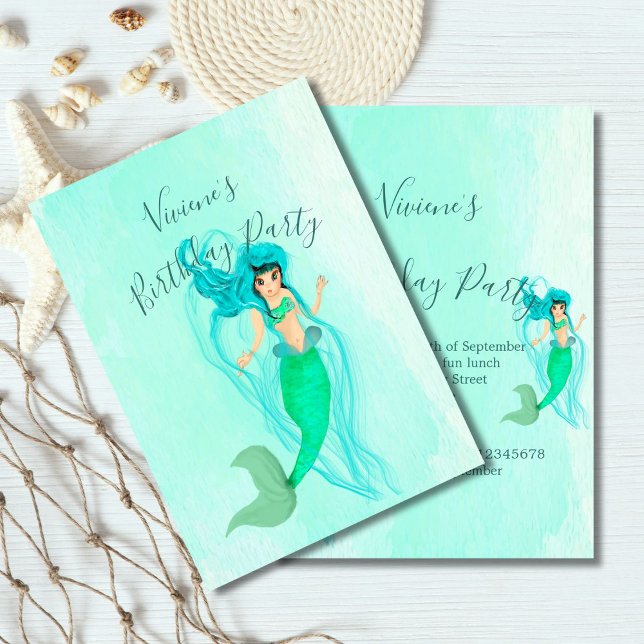 Mermaid Birthday Green Mermaid Schwanz Girly Einladung (Von Creator hochgeladen)