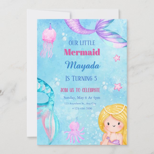 Mermaid Birthday Invitation Editable Template Einladung (Vorderseite)