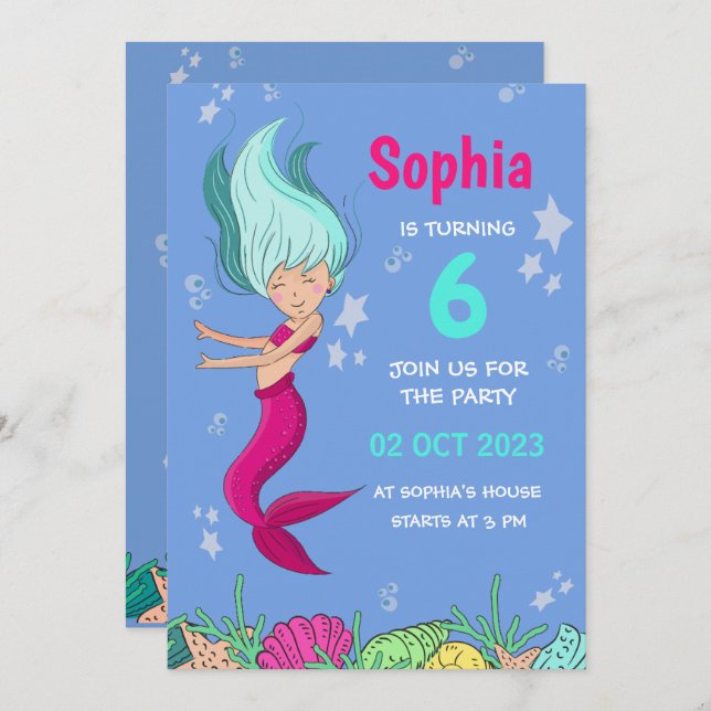 Mermaid Birthday Invitation, Girls Birhday Party Einladung (Vorne/Hinten)