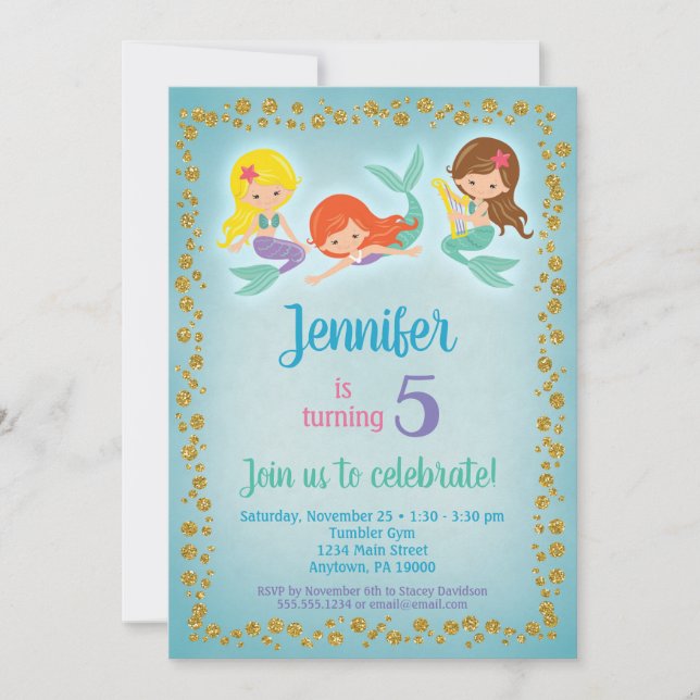 Mermaid Birthday Invitation - Girls Blue Gold Einladung (Vorderseite)
