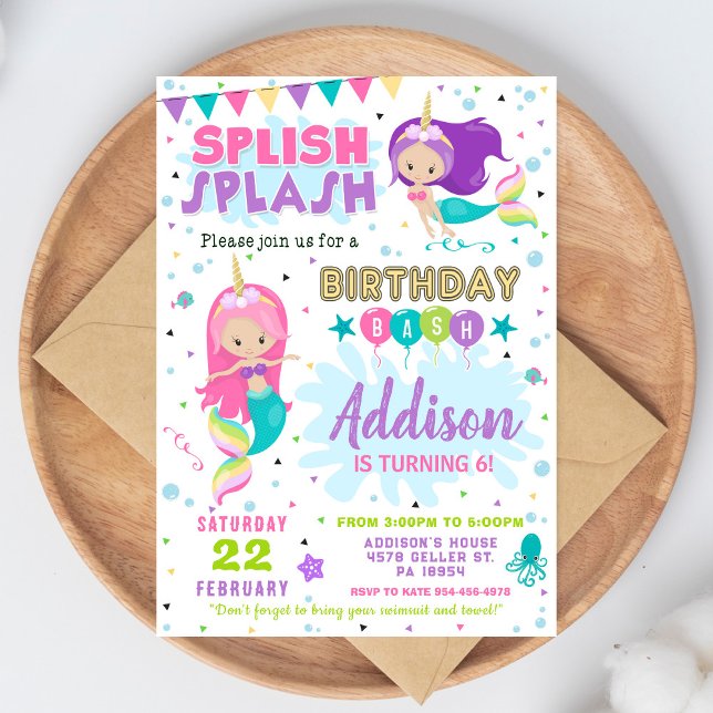Mermaid Birthday Invitation Splish Splash Invite Einladung (Von Creator hochgeladen)