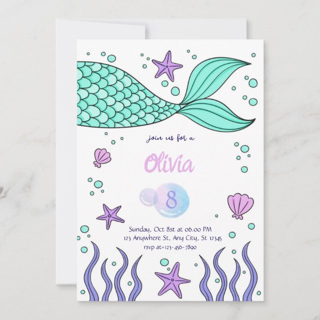 Mermaid Birthday invitation template tail invite Einladung (Vorderseite)