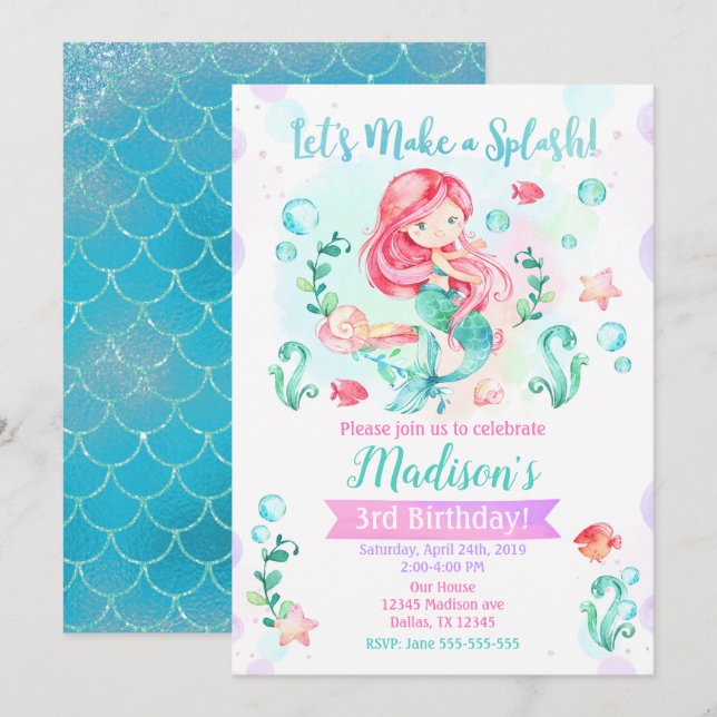Mermaid Birthday Invitation / Under Sea Party Einladung (Vorne/Hinten)