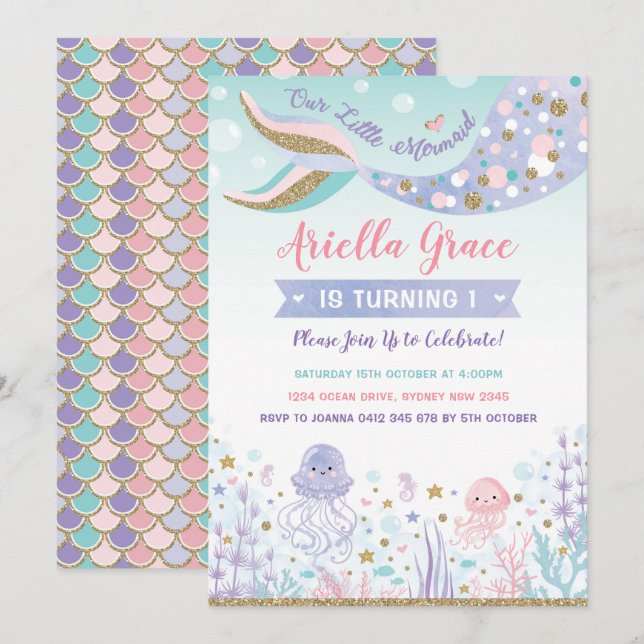 Mermaid Birthday Invite Under Sea Pool Party Einladung (Vorne/Hinten)