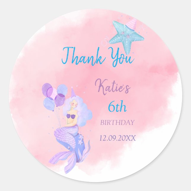 Mermaid Birthday Label Runder Aufkleber (Vorderseite)
