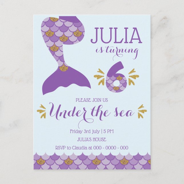 Mermaid Birthday Mermaid Nummer 6 Einladungspostkarte (Vorderseite)