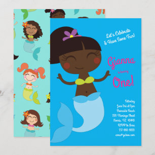 Mermaid Birthday Party Dark Skin Black Asian Einladung