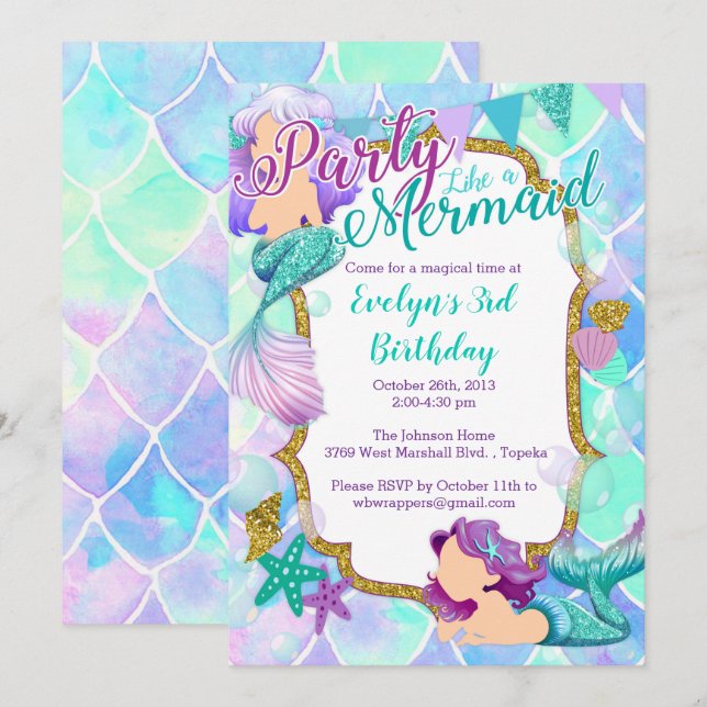 Mermaid Birthday Party Einladung - Glitzer Glam (Vorne/Hinten)