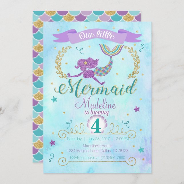 Mermaid Birthday Party Einladung Lila Aquamarines  (Vorne/Hinten)