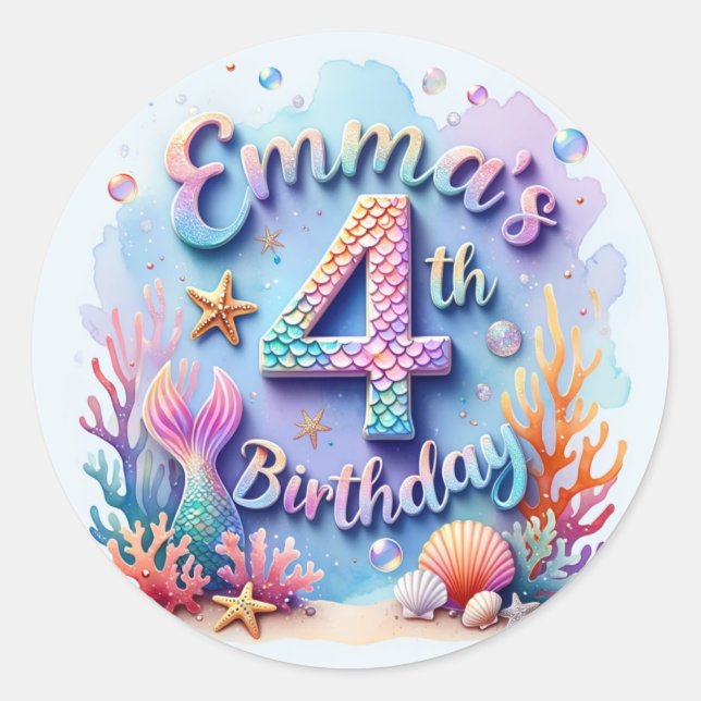 Mermaid Birthday Party Sticker Emma - 4th Birthday (Vorderseite)