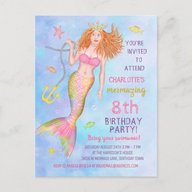 Mermaid Birthday Party Under Sea Beach Redhead Einladungspostkarte (Vorderseite)