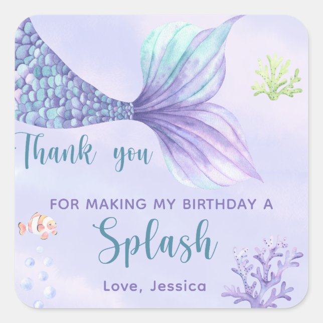 Mermaid Birthday Party Under Sea - Danke Quadratischer Aufkleber (Vorderseite)