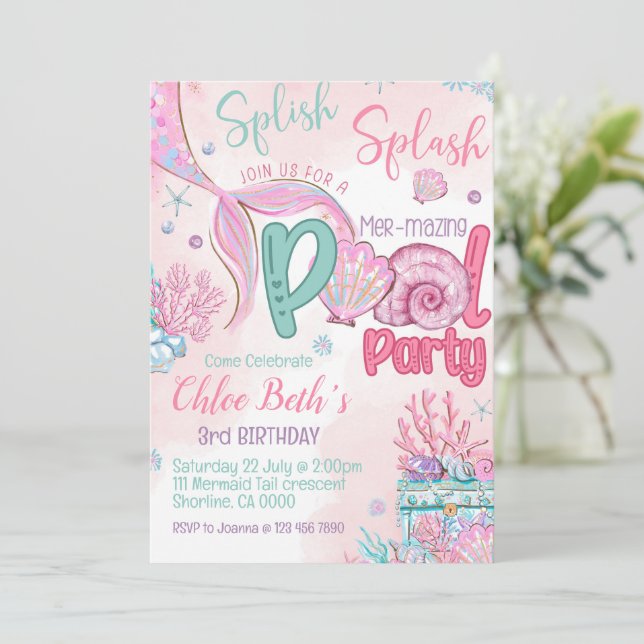 Mermaid Birthday Pool Party Invitation Einladung (Stehend Vorderseite)