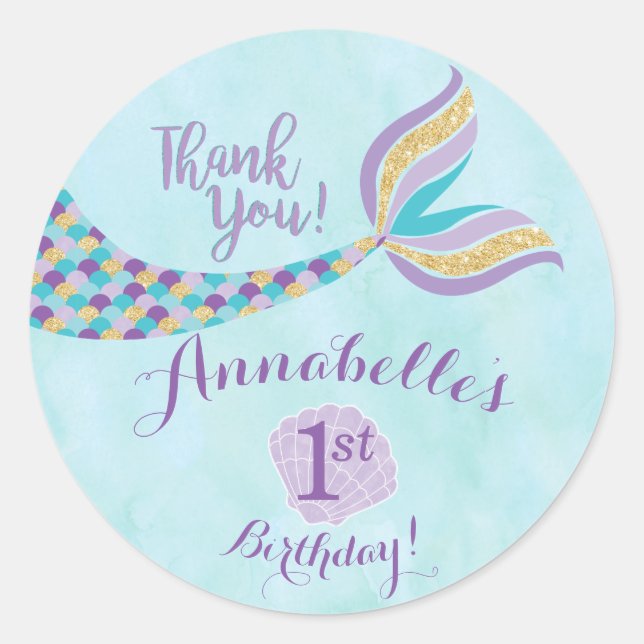 Mermaid Birthday Round Stickers | GASTGESCHENK (Vorderseite)