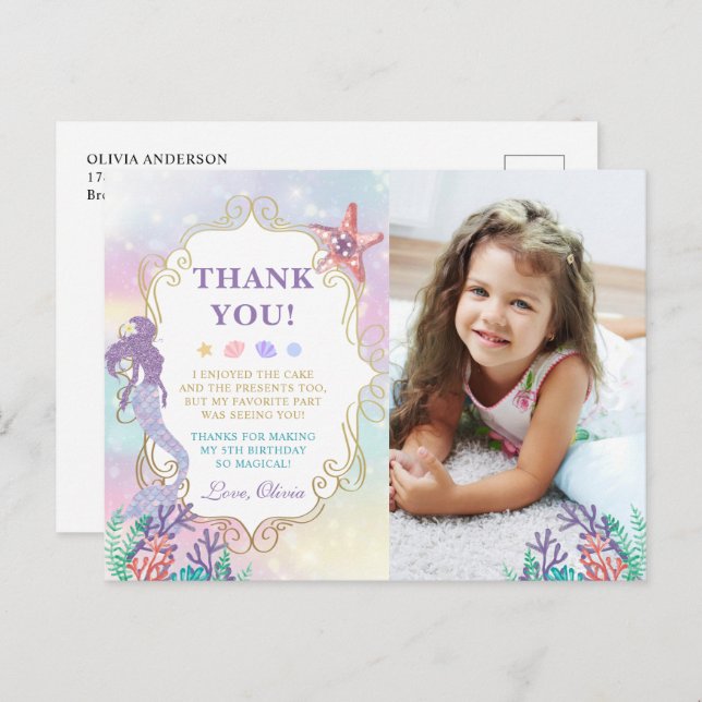 Mermaid Birthday Under Sea Foto Vielen Dank Postkarte (Vorne/Hinten)