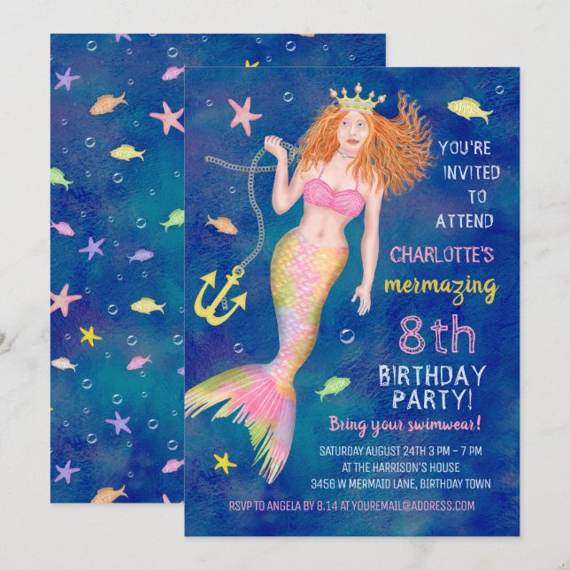 Mermaid Birthday Unter dem Meeresschildkröten Pool Einladung (Vorne/Hinten)