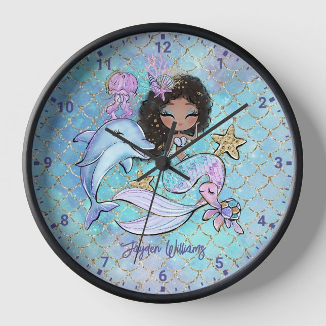 Mermaid Black Hair Custom Girls Schlafzimmer Wand Uhr (Vorderseite)