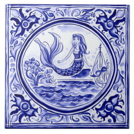 Mermaid Blue and White Mediterranean Folk Art Fliese