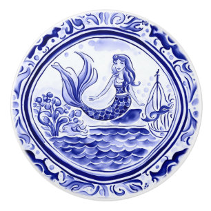 Mermaid Blue and White Mediterranean Folk Art Keramikknauf