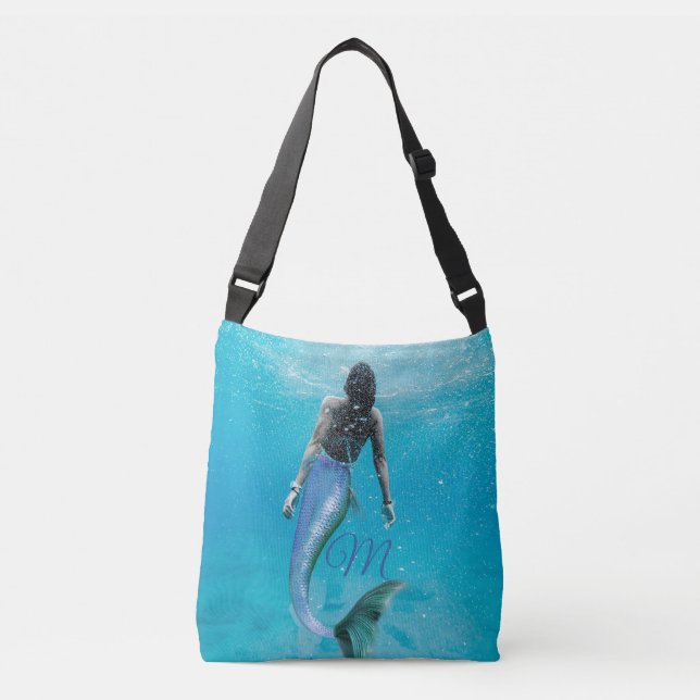 Mermaid Blue Ocean Summer Modern Monogram Tragetaschen Mit Langen Trägern (Vorderseite)
