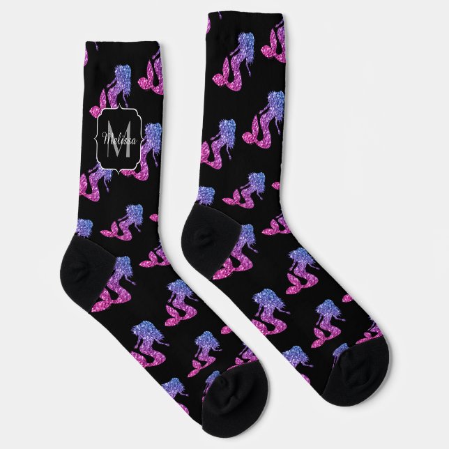 Mermaid Blue Pink ombre Glitzern muster Monogram Socken (Rechts)