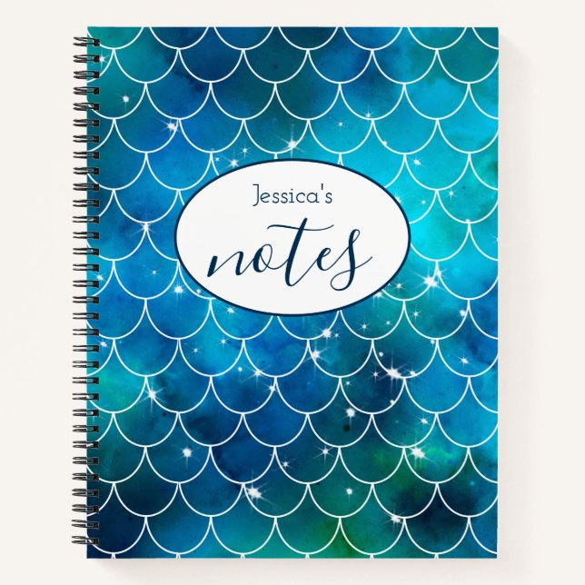 Mermaid Blue Scales Individuelle Name Notizbuch (Vorderseite)