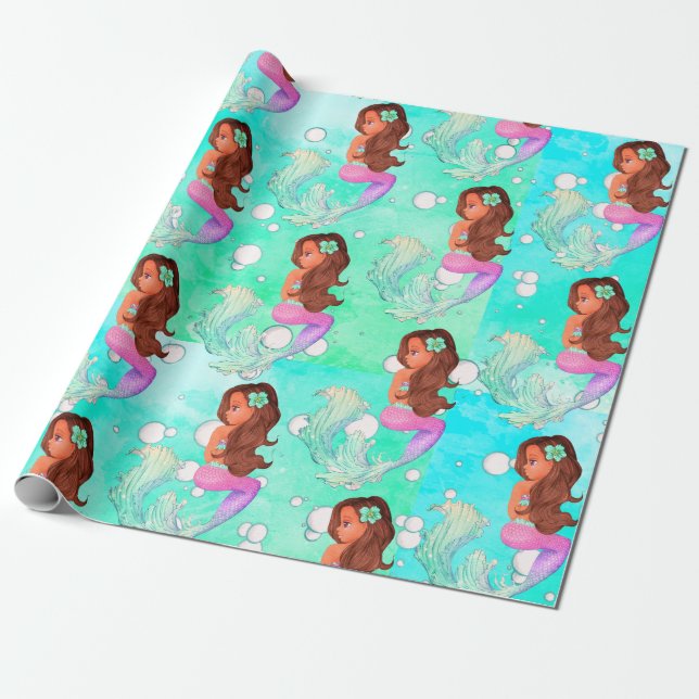 Mermaid Bubbles Blue Pink Dark Hair Bright Geschenkpapier (Ungerollt)