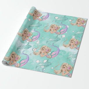 Mermaid Bubbles Niedlich Pink Blue Gift Geschenkpapier