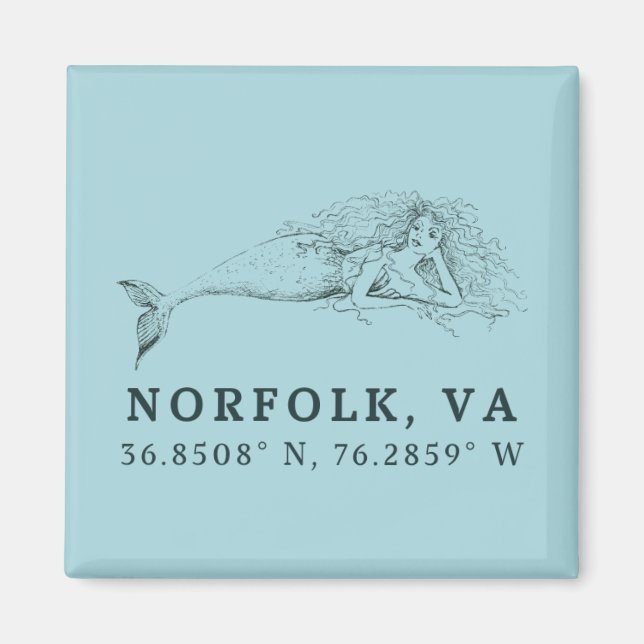Mermaid Button Magnet - Koordinaten von Norfolk VA (Vorne)