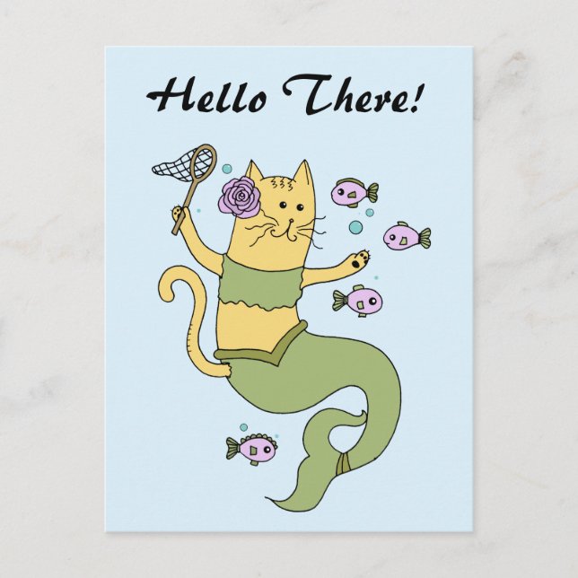 Mermaid Cat Cartoon Anpassbare Postkarte (Vorderseite)