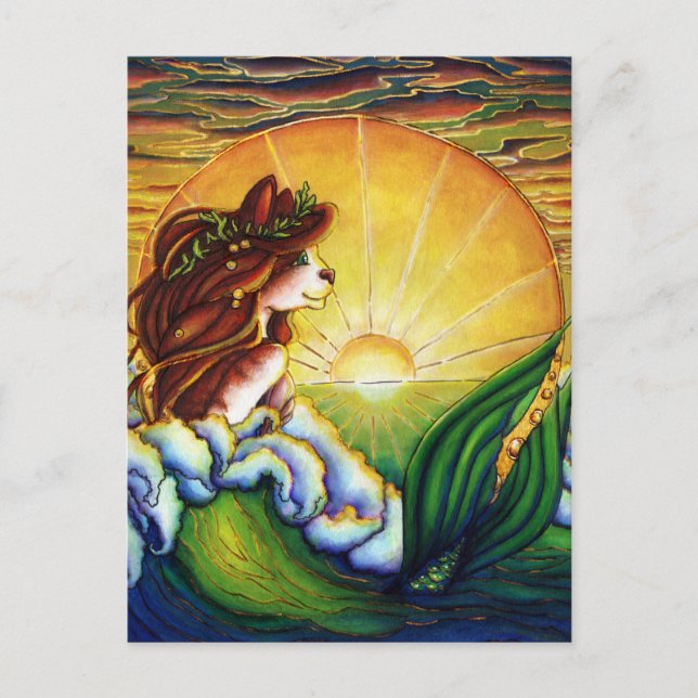 Mermaid Cat Summer Ocean Sunset Postcard Postkarte (Vorderseite)