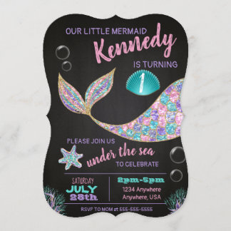 Mermaid Chalkboard Geburtstagseinladung, Glitzer Einladung
