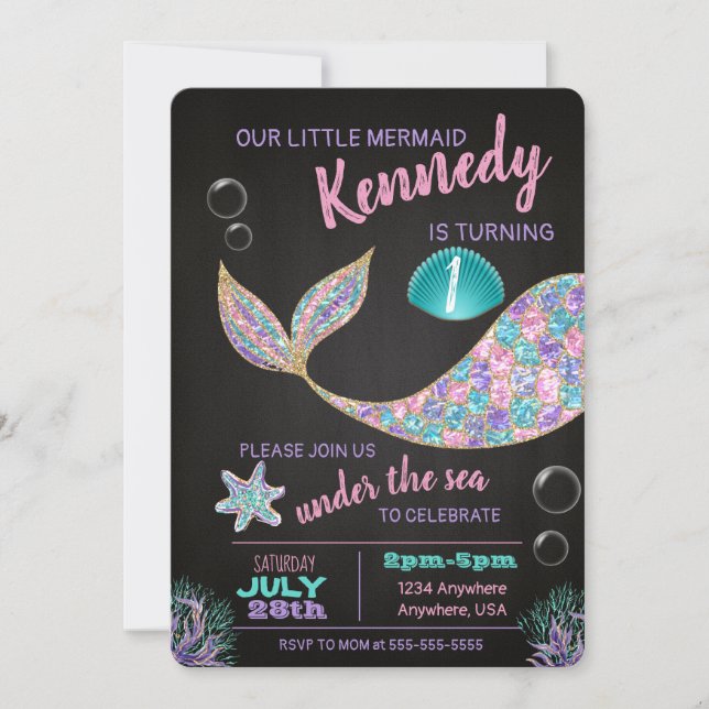 Mermaid Chalkboard Geburtstagseinladung, Glitzer Einladung (Vorderseite)