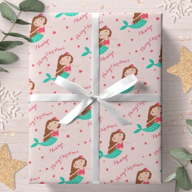 Mermaid Christmas Blues Pink Personalisiert Geschenkpapier (Von Creator hochgeladen)