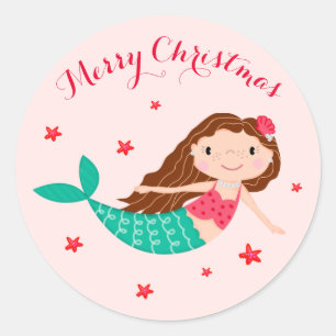 Mermaid Christmas Blues Pink Runder Aufkleber