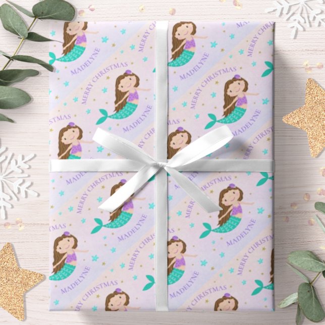 Mermaid Christmas Lila Gold Glitzer Personalisiert Geschenkpapier (Von Creator hochgeladen)