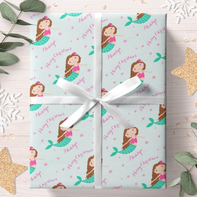 Mermaid Christmas Pink Aquamarin Personalisiert Geschenkpapier (Von Creator hochgeladen)