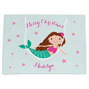 Mermaid Christmas Pink Aquamarin Personalisiert Große Geschenktüte