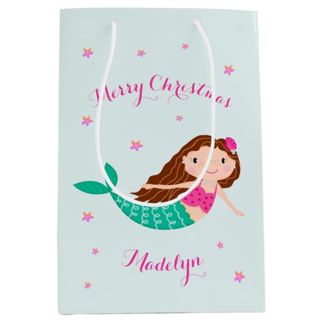 Mermaid Christmas Pink Aquamarin Personalisiert Mittlere Geschenktüte (Vorderseite)
