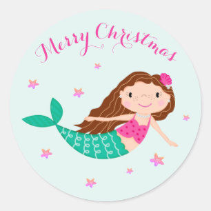 Mermaid Christmas Pink Aquamarin Runder Aufkleber