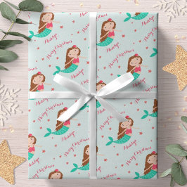 Mermaid Christmas Red Aqua Personalisiert Geschenkpapier
