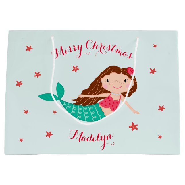 Mermaid Christmas Red Aqua Personalisiert Große Geschenktüte (Vorderseite)