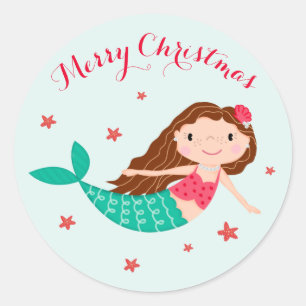 Mermaid Christmas Red Aqua Runder Aufkleber