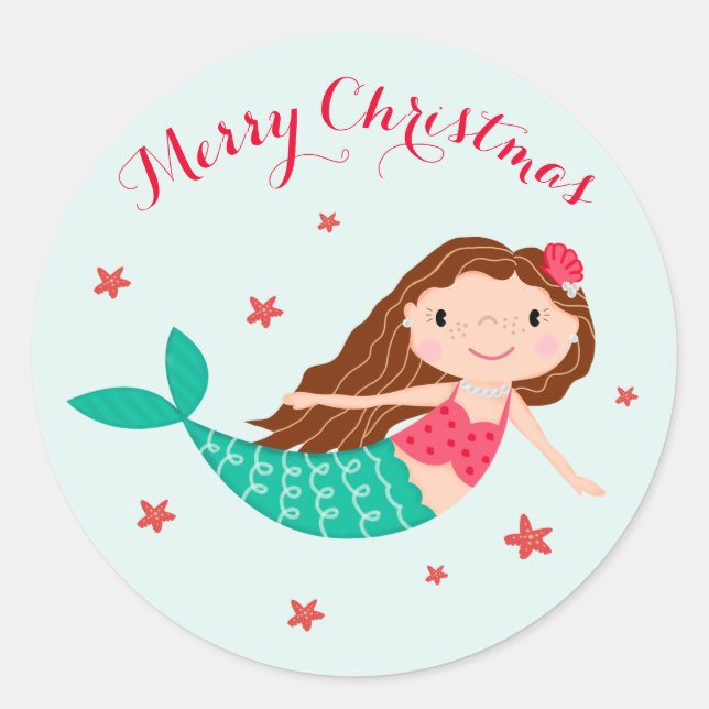 Mermaid Christmas Red Aqua Runder Aufkleber (Vorderseite)
