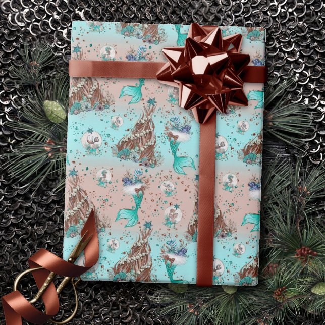 Mermaid Christmas | Strümpfe und Bäume Aquamarin P Geschenkpapier (Von Creator hochgeladen)